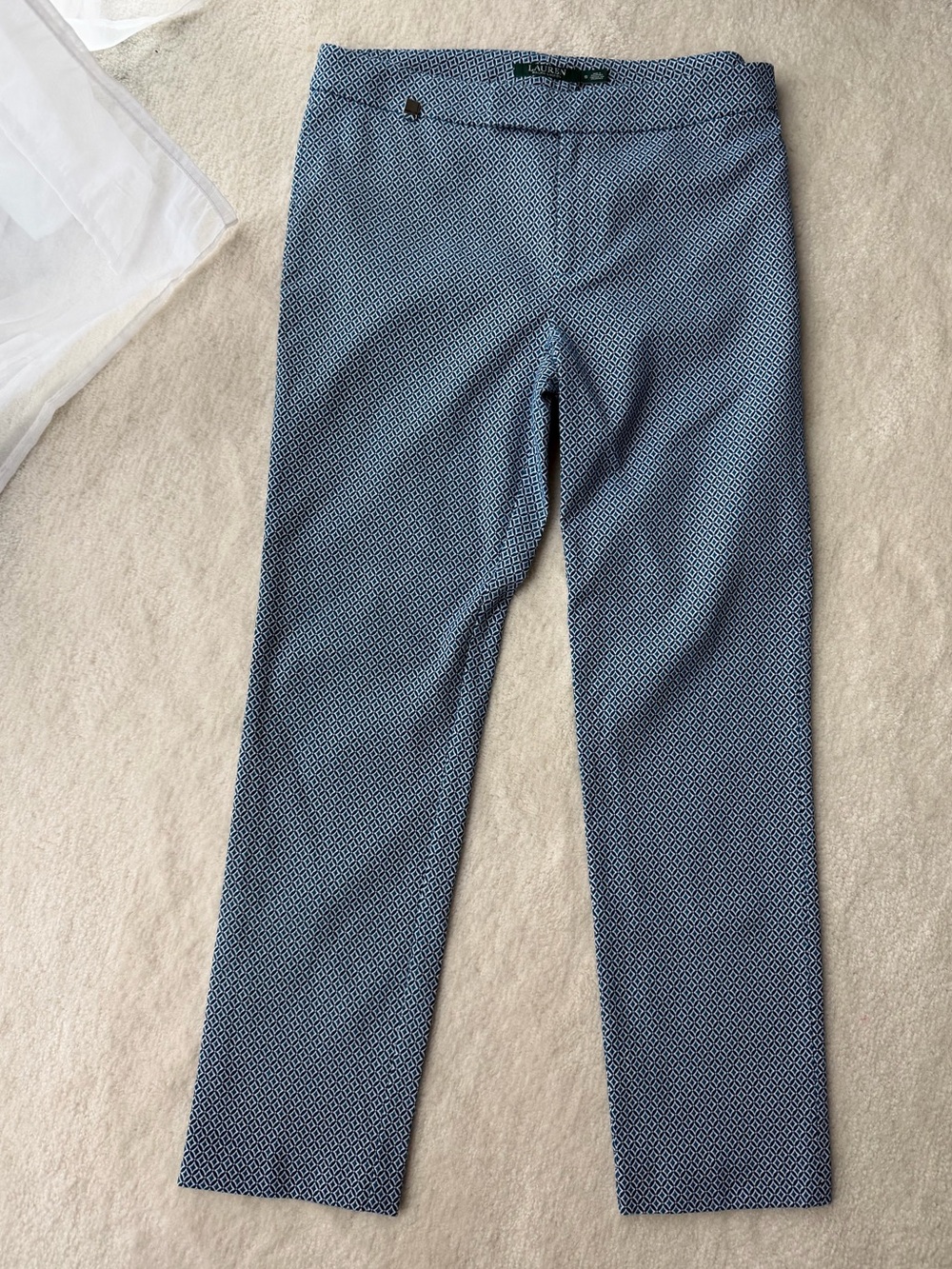 Ralph Lauren Blue White Diamond Patterned Stretch Straight Leg Dress Pants